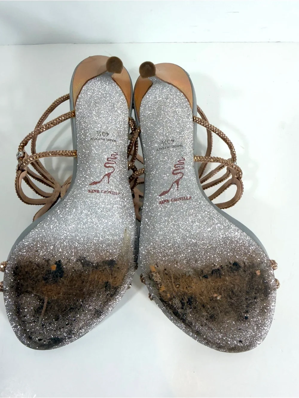 René Caovilla Crystal Butterfly Sandals 40.5 Rose Gold Gray Stiletto Heels Made